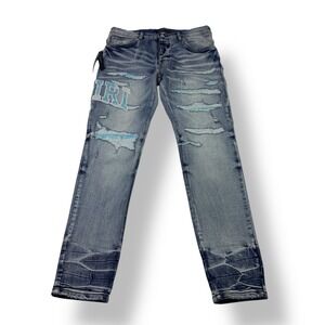 AMIRI Distressed Blue Denim Jeans Men Size 34x30 Logo Patch Distressed NWT